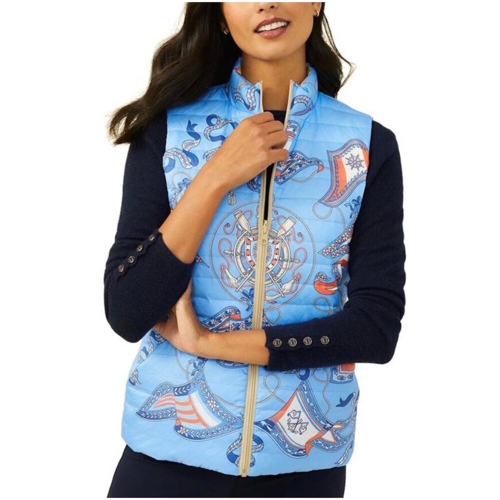 J.McLaughlin Tahoe‎ Reversible Puffer Vest Size L Nautical Scarf Print Blue